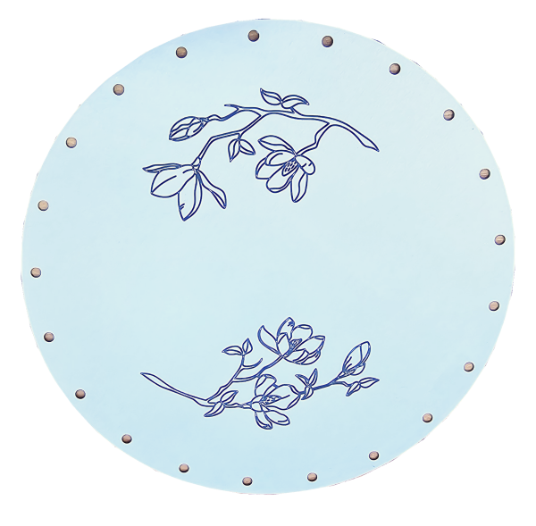 Flechtboden rund aus Edelstahl mit Magnolien Motiv